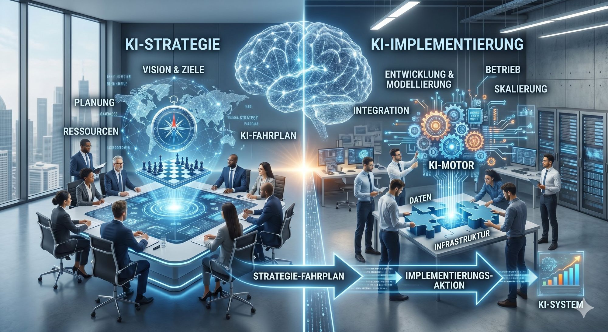 Von der KI-Strategie zur KI-Implementierung: Vision, Planung und Fahrplan münden in Integration, Betrieb und Skalierung